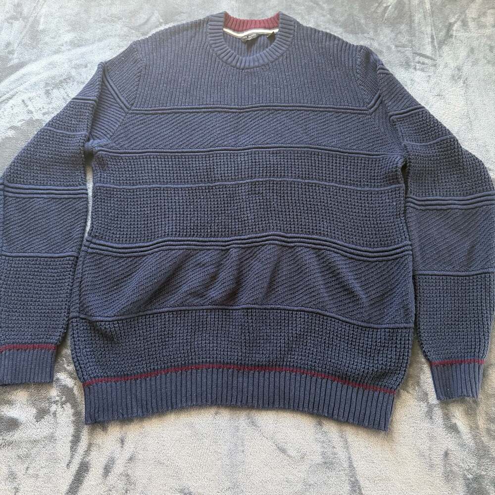 Ted Baker Navy Blue Mixed Stitch Textural Stripe Crewneck Sweater
